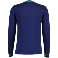 Fellini Pointelle Knit Tipped V-neck Jumper In Navy -Trendify Shop madcap england fellini tipped v neck jumper navy mc1050 1 77268.1695997605
