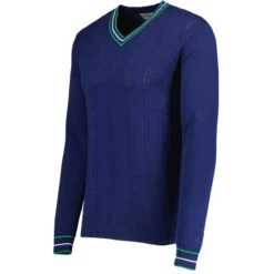 Fellini Pointelle Knit Tipped V-neck Jumper In Navy
