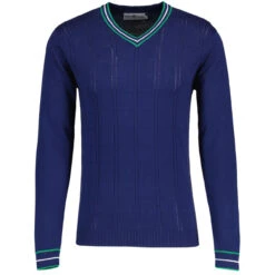 Fellini Pointelle Knit Tipped V-neck Jumper In Navy -Trendify Shop madcap england fellini tipped v neck jumper navy mc1050 3 42394.1695997601