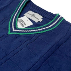 Fellini Pointelle Knit Tipped V-neck Jumper In Navy -Trendify Shop madcap england fellini tipped v neck jumper navy mc1050 4 40272.1695997607