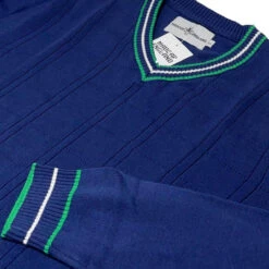 Fellini Pointelle Knit Tipped V-neck Jumper In Navy -Trendify Shop madcap england fellini tipped v neck jumper navy mc1050 5 61488.1695997603