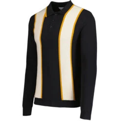 Junot Mod Waffle Stripe Knit Polo B -Trendify Shop madcap england junot stripe panel popcorn waffle knit polo black 2 97670.1692021002