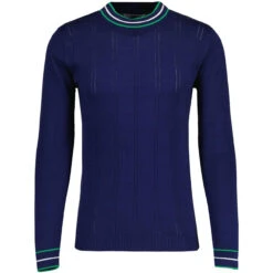 Moore Mod Pointelle Knit Tipped Mock Turtleneck Jumper In Navy -Trendify Shop madcap england moore ls jumper navy mc1049 3 72736.1693991737