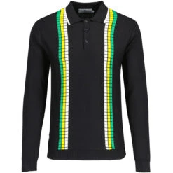Zodiac Mod Textured Raised Stripe Knitted Polo Shirt Black -Trendify Shop madcap england zodiac waffle square stripe polo black 3 78989.1695997591