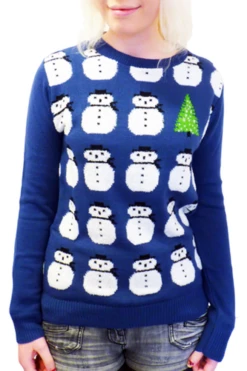 Frosty Retro 70s Indie Snowman Christmas Jumper BL -Trendify Shop retro snowman jumper blue w3 22453.1661339208